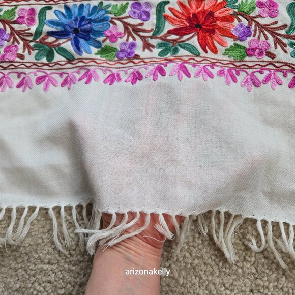 Wool Scarf With Colorful Chain Stitch Embroidery Flowers Vines - Picture 5 of 16